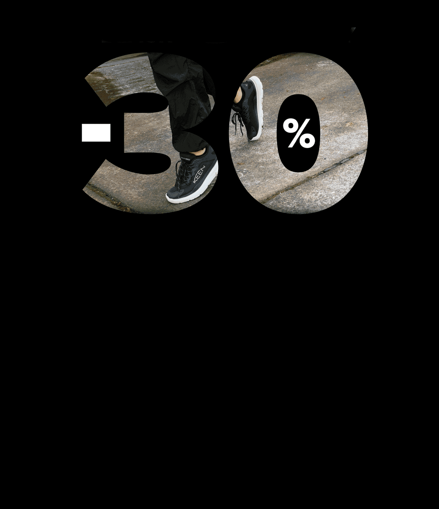 Grafica promozionale dedicata alle scarpe Keen con sconto del 30%, raffigurante una persona che cammina indossando sneakers Keen nere su una superficie urbana