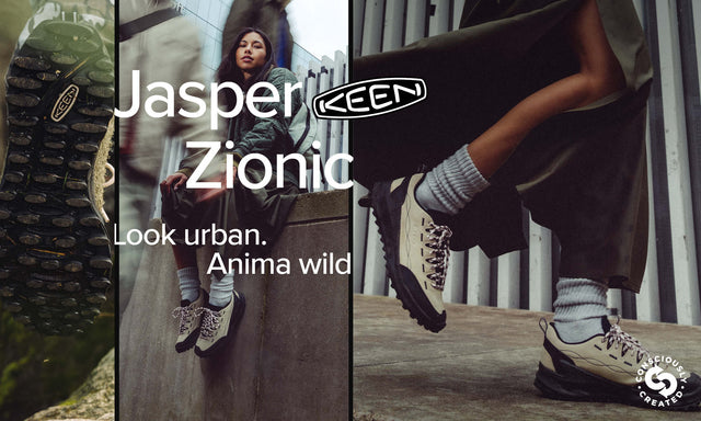 Sneaker KEEN Jasper Zionic indossata in ambiente urbano, scarpa outdoor lifestyle con suola tecnica e design ispirato al trail