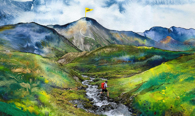 Illustrazione watercolor di paesaggio montano con escursionista che attraversa un ruscello verso una vetta con bandiera gialla con scritta KEEN.