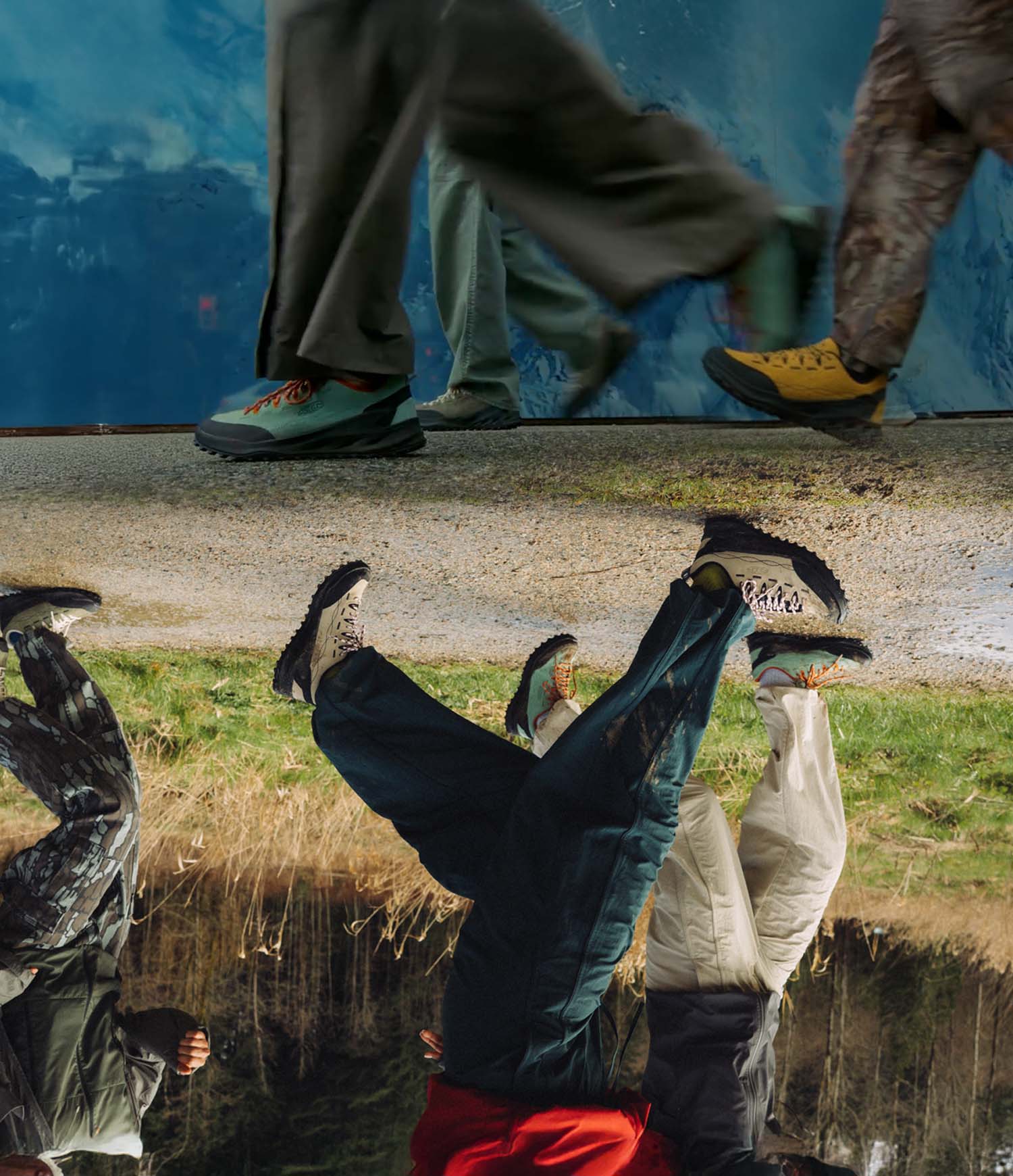 Persone in movimento che indossano scarpe outdoor KEEN in diversi colori, riprese durante una camminata tra superfici urbane e naturali, con focus sulle calzature da trekking.