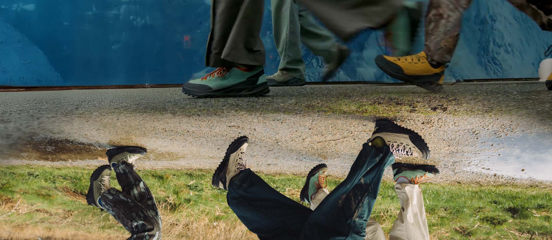 Persone in movimento che indossano scarpe outdoor KEEN in diversi colori, riprese durante una camminata tra superfici urbane e naturali, con focus sulle calzature da trekking.