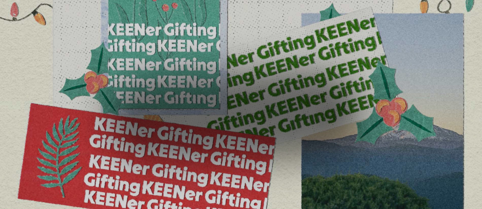 Grafica natalizia Keen con etichette ‘KEENer Gifting’ in diversi colori, decorazioni festive e illustrazioni a tema holiday