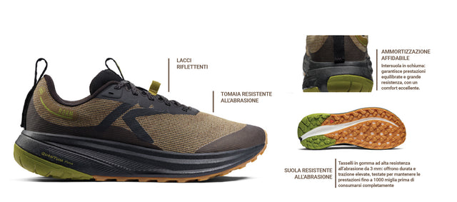 Scheda tecnica scarpa trail running KEEN Roam con tomaia resistente all’abrasione, lacci riflettenti, ammortizzazione Quantum Foam e suola ad alto grip per trail e outdoor.