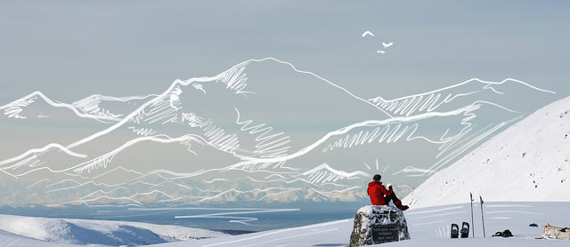 Persona seduta in cima a una vetta innevata con giacca rossa, illustrazione di montagne sullo sfondo – header Keen Effect 2025 dedicato all’outdoor e alla natura.